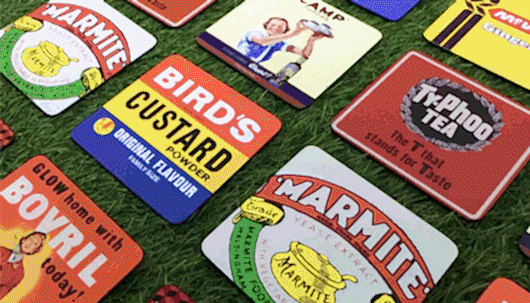 A selection of magnets with vintage label designs, like Bird's Custard and Marmite