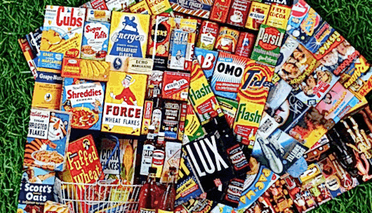 A selection of vintage brands in a shopping basket
