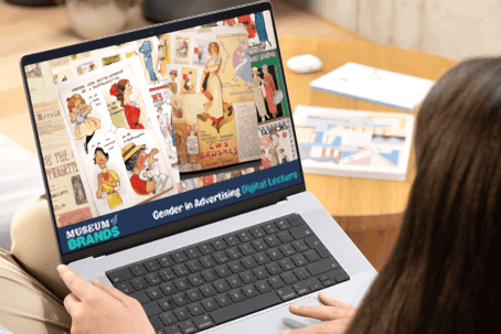 Student on laptop showing a slide from the Museum of Brands Gender in Advertising Digital Workshop, showing a collage of adverts featuring from 1910s.