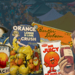 Cut-out collaged images of historic fruit-flavoured products and adverts, including a tin of peaches, Mr Juicy orange juice, and an image of a 1940s woman holding plum jam. Set against a background image of Portobello Road.