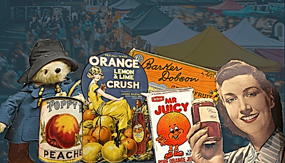 Cut-out collaged images of historic fruit-flavoured products and adverts, including a tin of peaches, Mr Juicy orange juice, and an image of a 1940s woman holding plum jam. Set against a background image of Portobello Road.